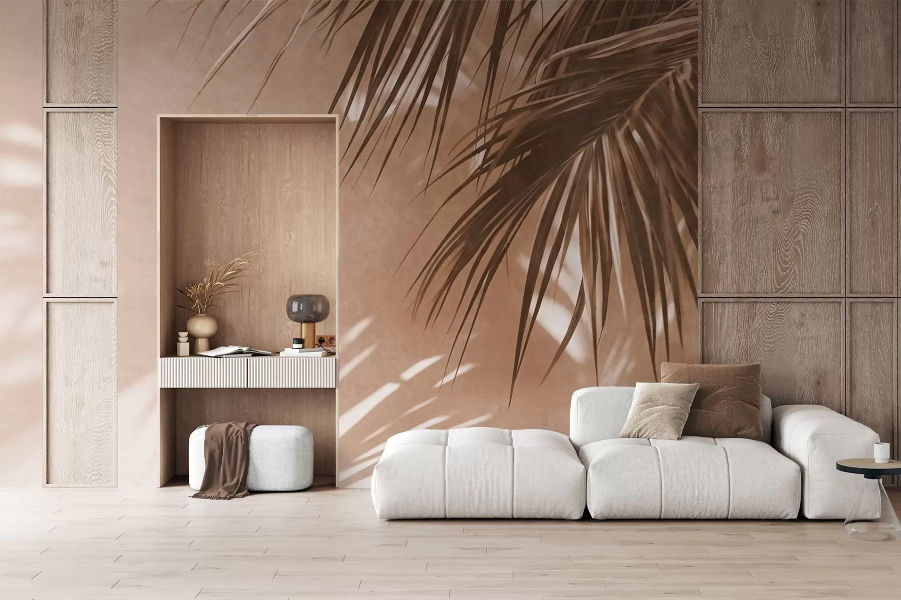 Papier peint Feuilles de palmier texturées avec des ombres, ambiance tropicale, minimalisme w09890