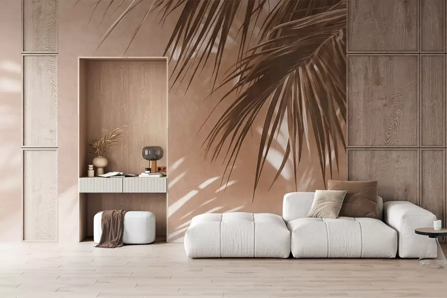 Papier peint Feuilles de palmier texturées avec des ombres, ambiance tropicale, minimalisme w09890