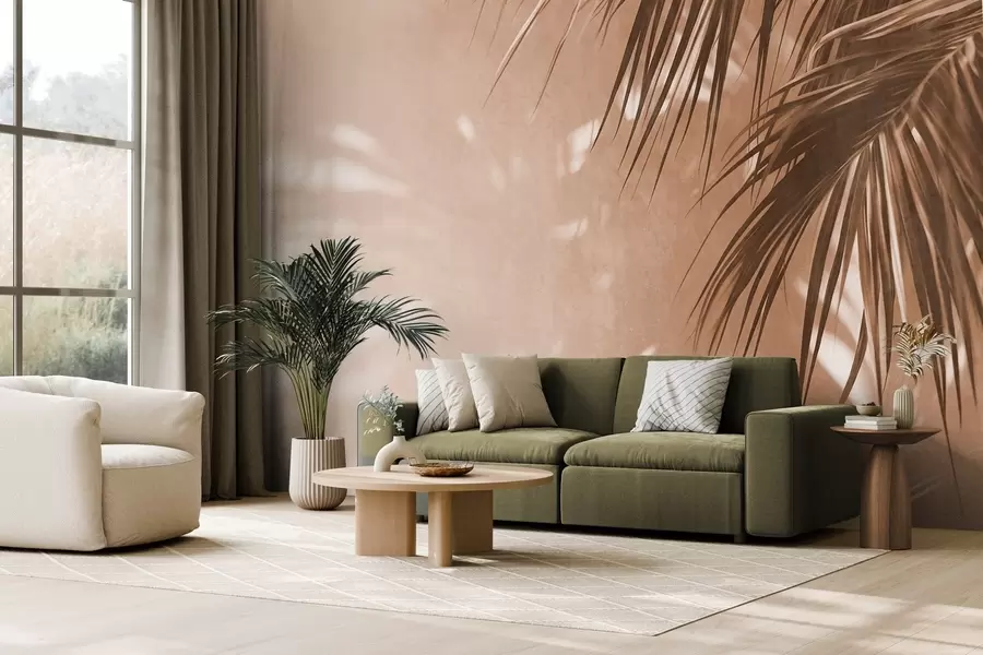 Papier peint Feuilles de palmier texturées avec des ombres, ambiance tropicale, minimalisme w09890