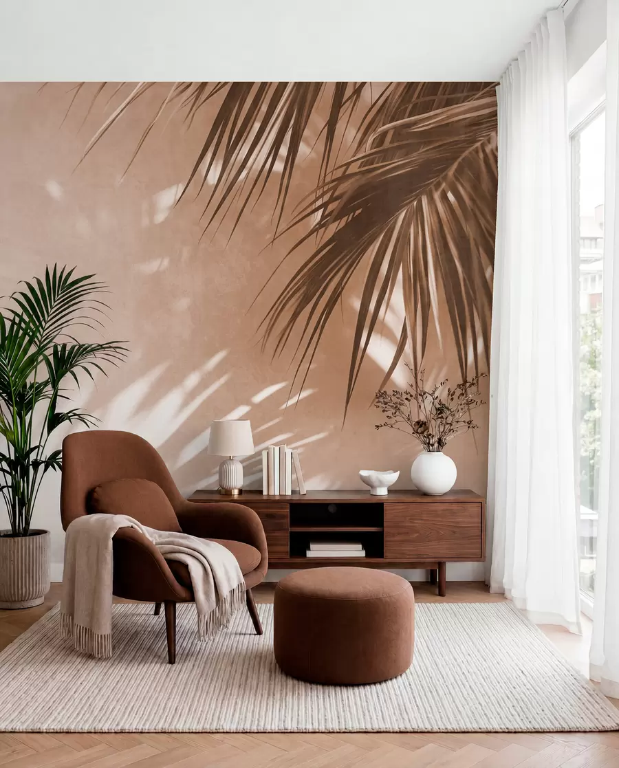 Papier peint Feuilles de palmier texturées avec des ombres, ambiance tropicale, minimalisme w09890
