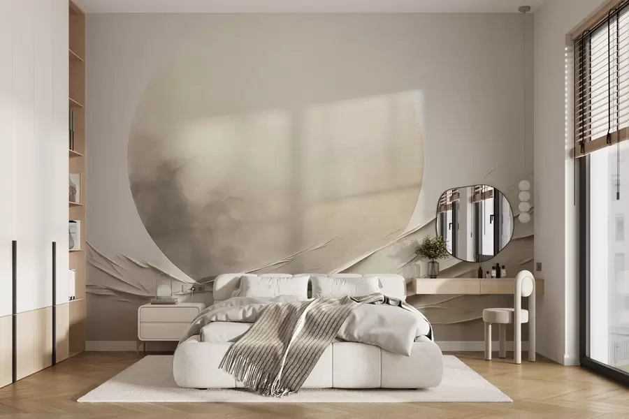 Papier peint Formes abstraites, ondulées, de couleur crème, accompagnées d'une grande sphère pâle ; art moderne minimaliste w09895