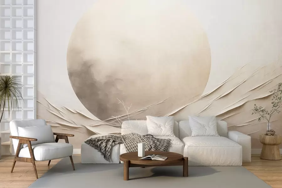 Papier peint Formes abstraites, ondulées, de couleur crème, accompagnées d'une grande sphère pâle ; art moderne minimaliste w09895