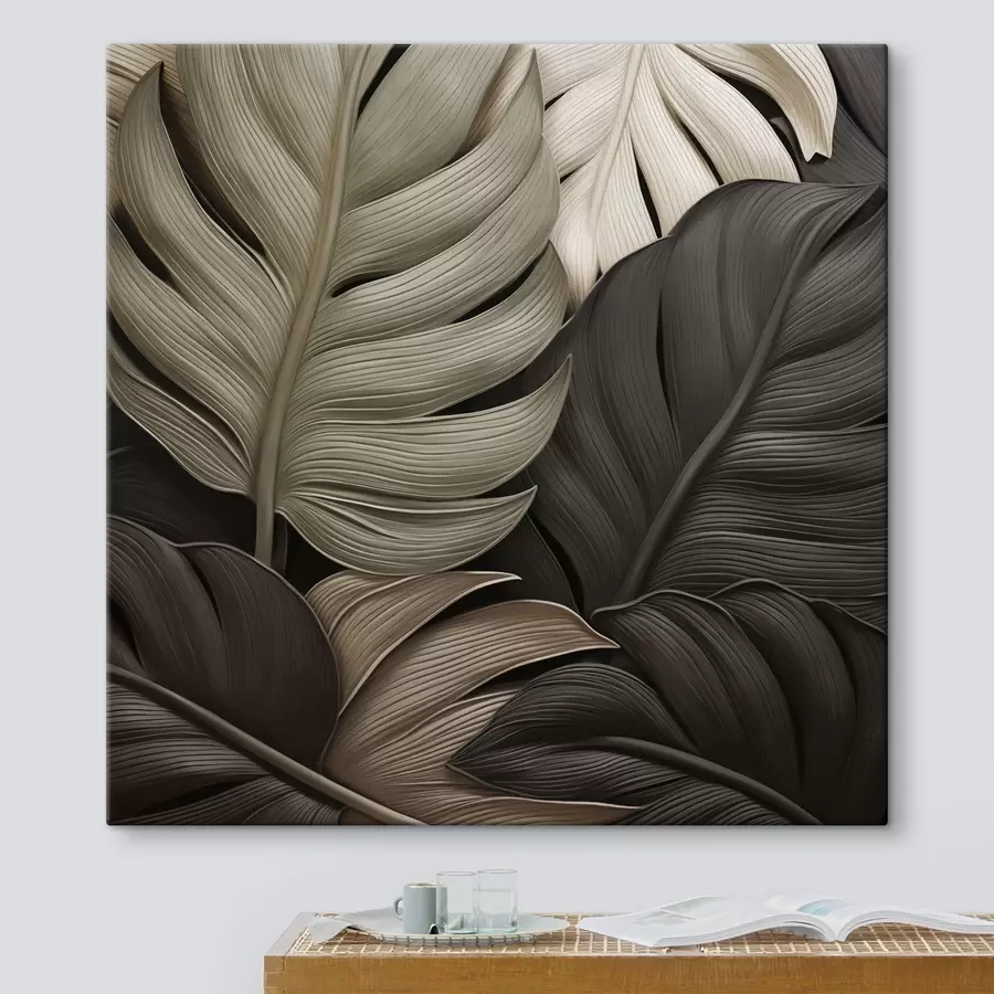 Tableau Feuilles tropicales, image plate, imitation de coups de pinceau en relief s49081