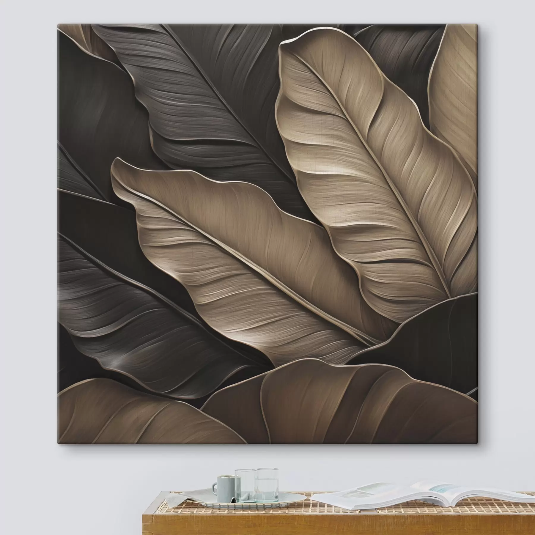 Tableau Feuilles, image plane, imitation de coups de pinceau en relief s49143
