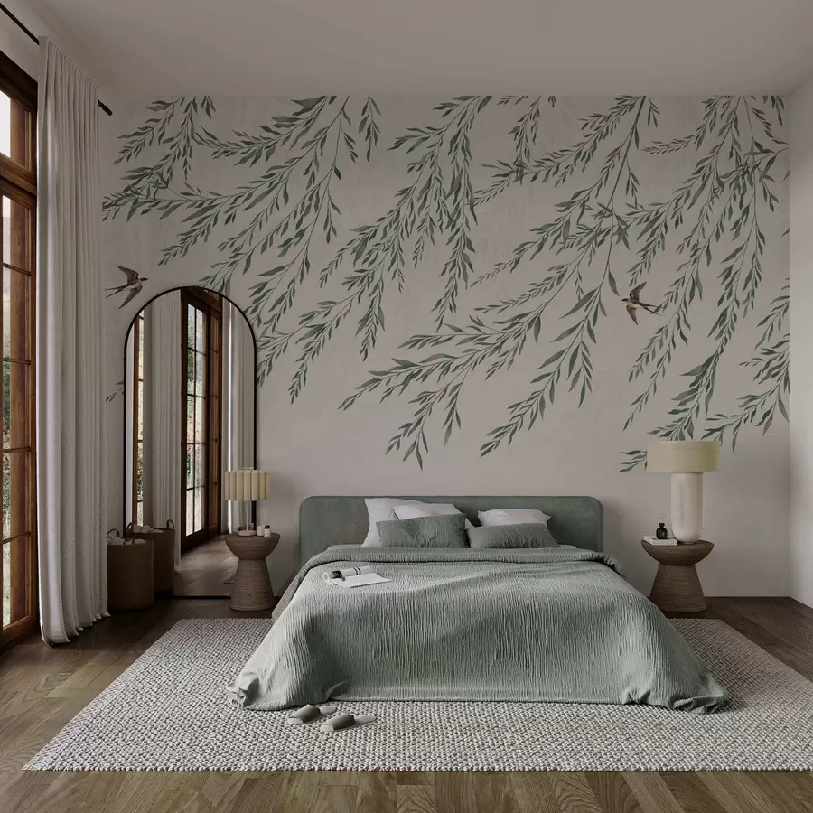 Papier peint Des branches vertes et des oiseaux sur fond clair w05630