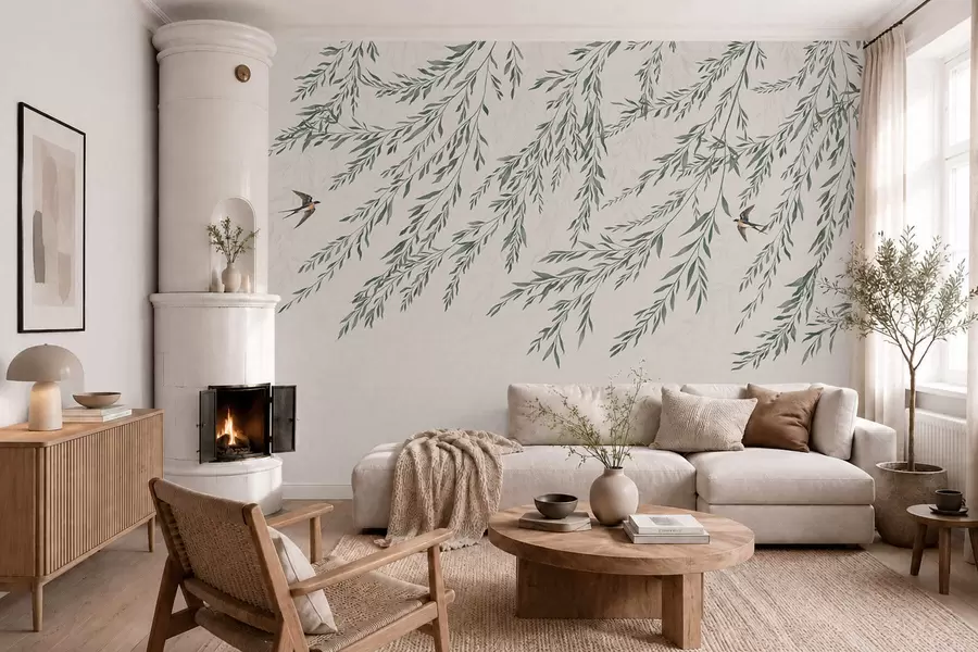 Papier peint Des branches vertes et des oiseaux sur fond clair w05630