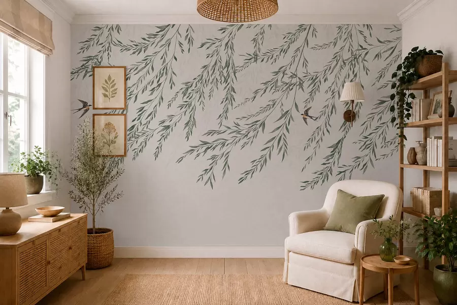 Papier peint Des branches vertes et des oiseaux sur fond clair w05630