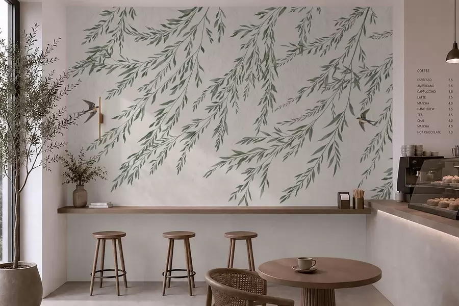 Papier peint Des branches vertes et des oiseaux sur fond clair w05630