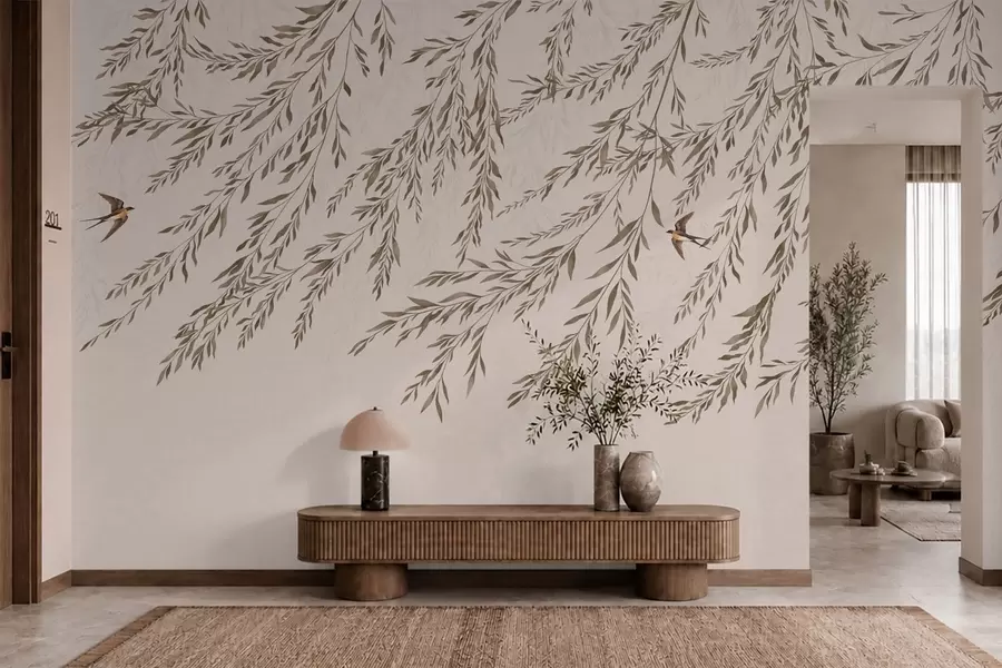 Papier peint Des branches beiges et des hirondelles sur fond clair w05630v1