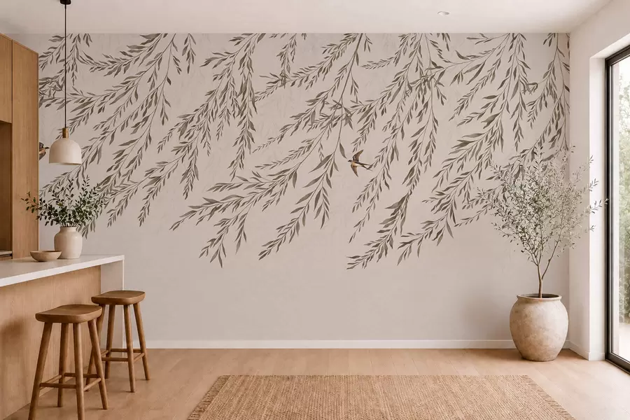 Papier peint Des branches beiges et des hirondelles sur fond clair w05630v1