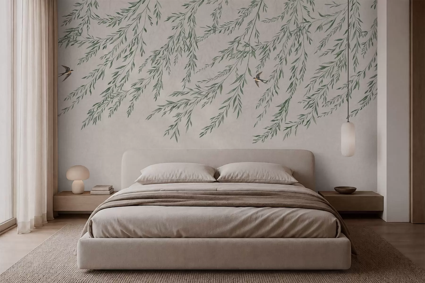 Papier peint Des branches vertes et des hirondelles sur fond clair w05630v2