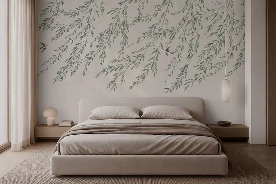 Papier peint Des branches vertes et des hirondelles sur fond clair w05630v2