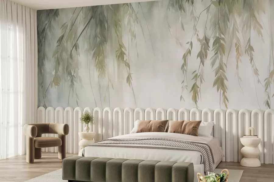 Papier peint Des branches de saule aux feuilles vert pâle retombant sur un fond aux tons discrets, dans un style aquarelle w09893