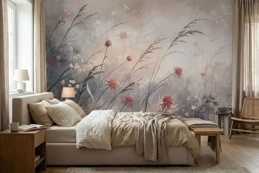 Papier peint De délicates fleurs sauvages dans un décor brumeux aux tons pastel w05538