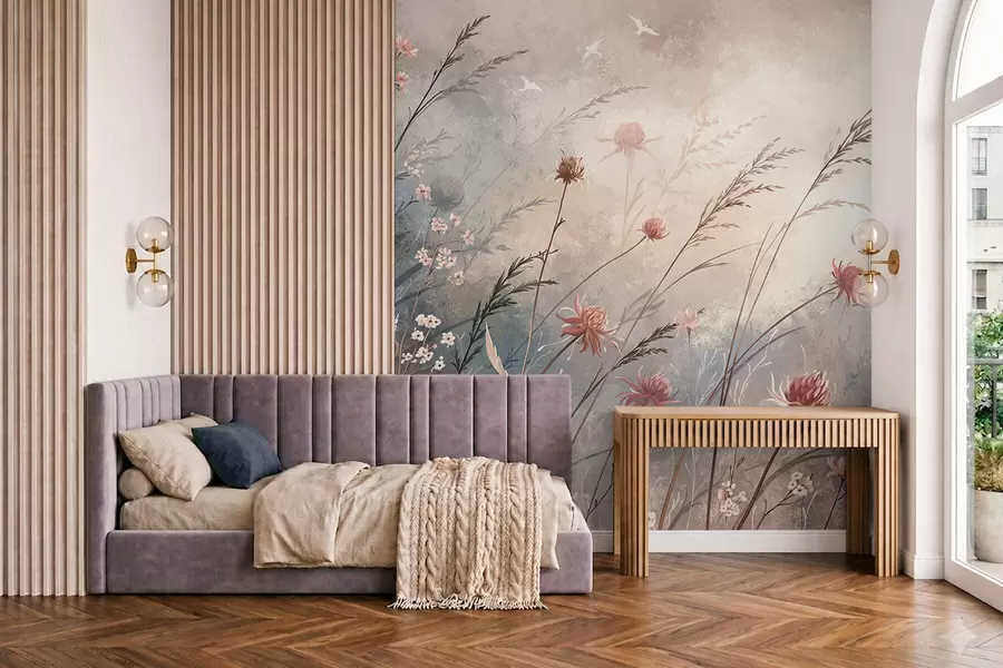 Papier peint De délicates fleurs sauvages dans un décor brumeux aux tons pastel w05538
