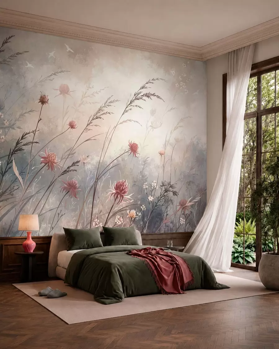 Papier peint De délicates fleurs sauvages dans un décor brumeux aux tons pastel w05538