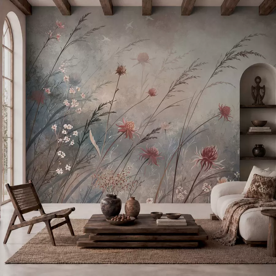 Papier peint De délicates fleurs sauvages dans un décor brumeux aux tons pastel w05538