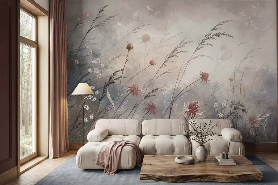 Papier peint De délicates fleurs sauvages dans un décor brumeux aux tons pastel w05538