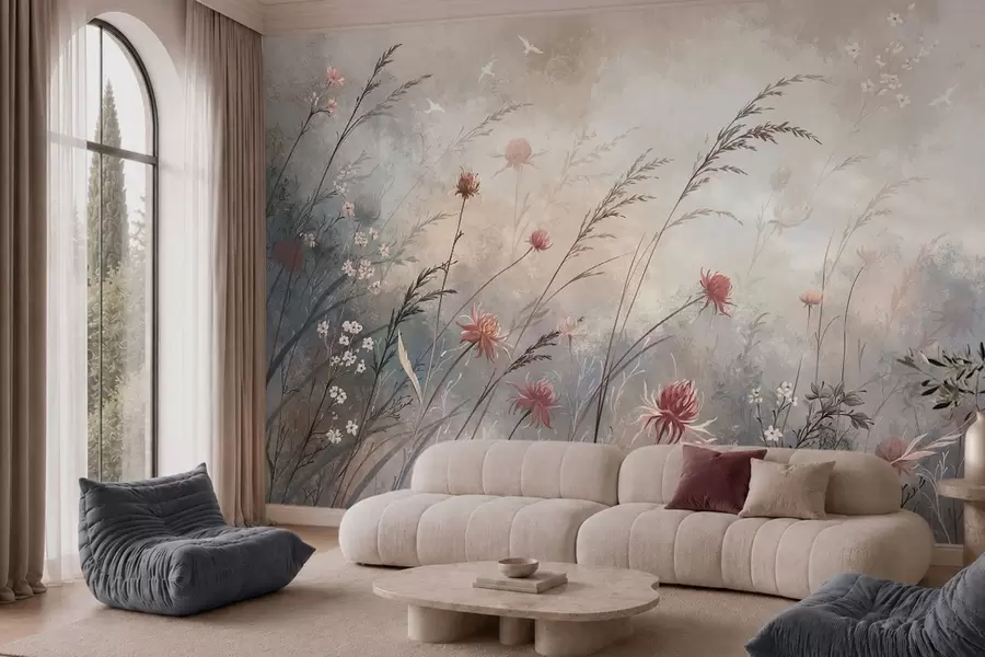 Papier peint De délicates fleurs sauvages dans un décor brumeux aux tons pastel w05538