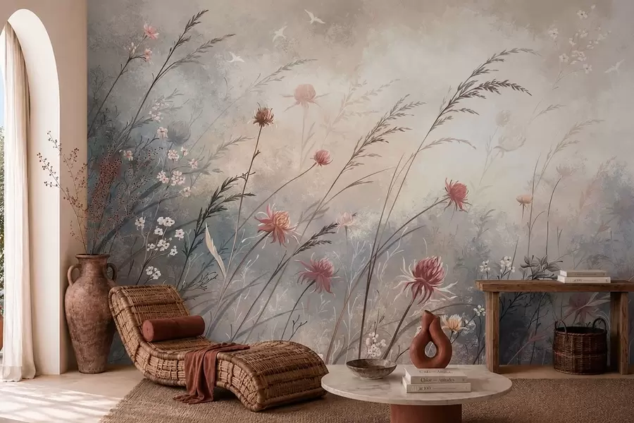 Papier peint De délicates fleurs sauvages dans un décor brumeux aux tons pastel w05538