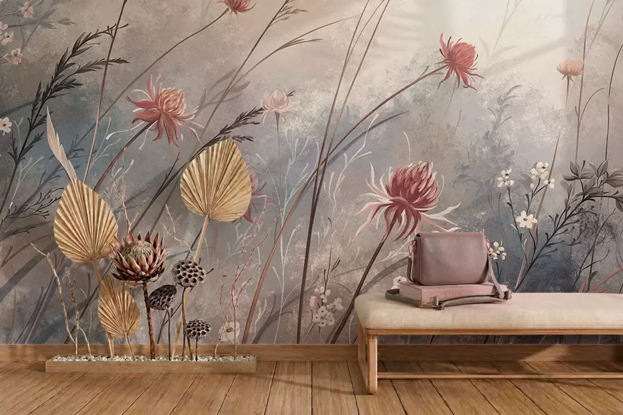Papier peint De délicates fleurs sauvages dans un décor brumeux aux tons pastel w05538