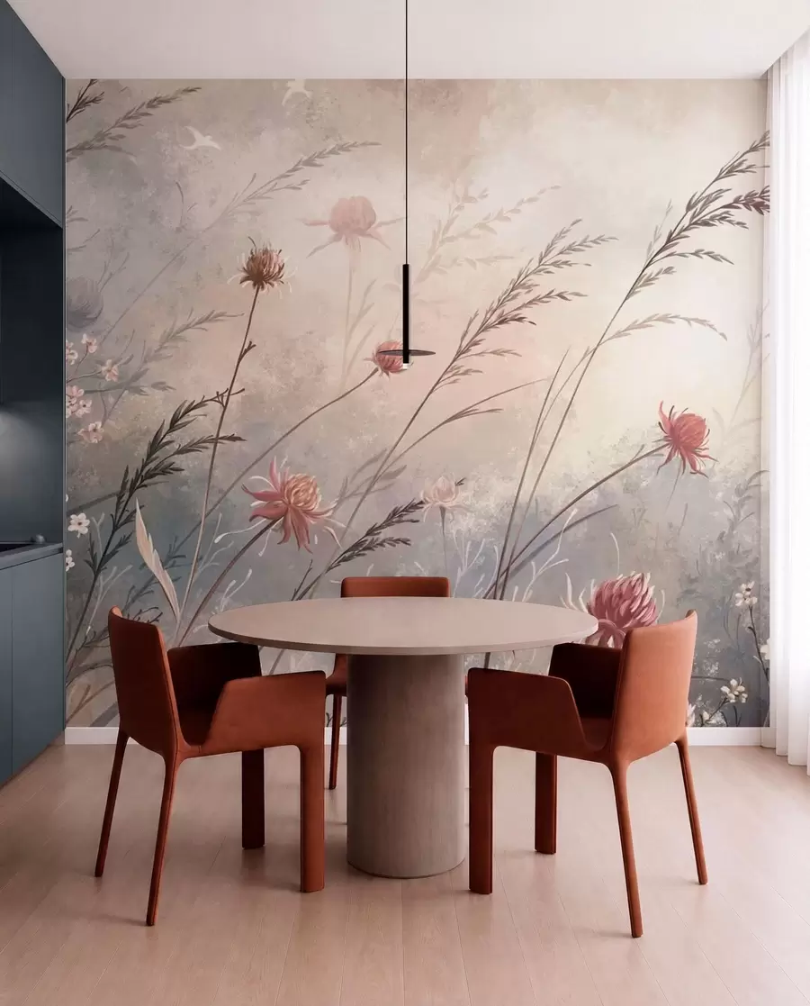 Papier peint De délicates fleurs sauvages dans un décor brumeux aux tons pastel w05538