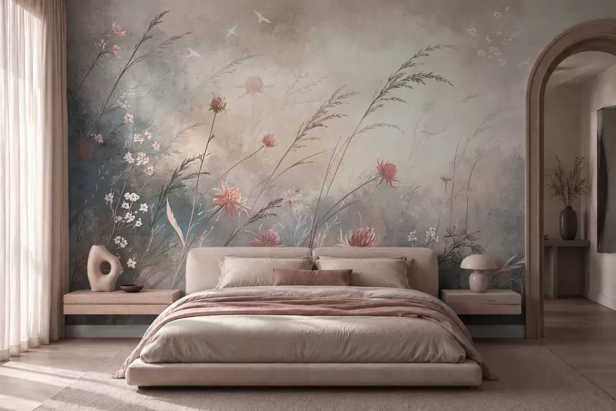 Papier peint Des fleurs sauvages aux couleurs pastel sur un fond flou et délicat w05538v1