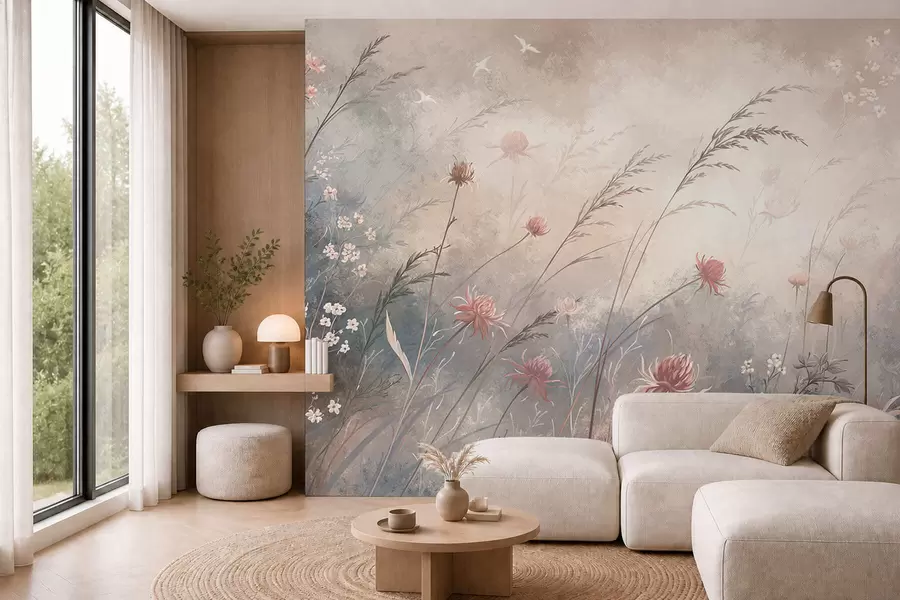 Papier peint Des fleurs sauvages aux couleurs pastel sur un fond flou et délicat w05538v1