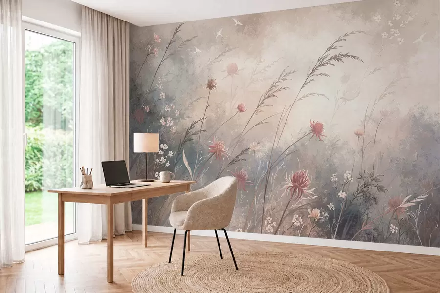 Papier peint Des fleurs sauvages aux couleurs pastel sur un fond flou et délicat w05538v1