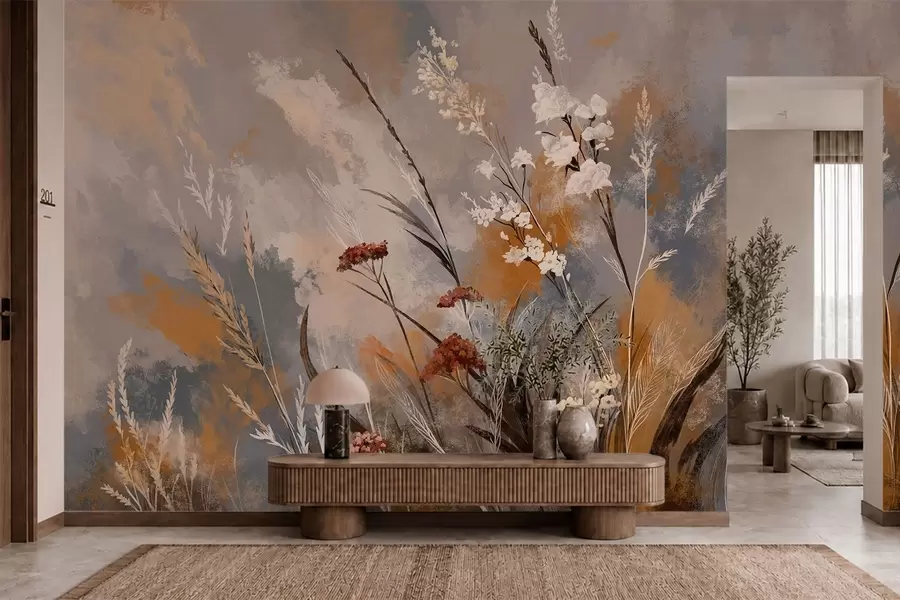 Papier peint Plantes de prairie stylisées dans des tons naturels chauds w05539