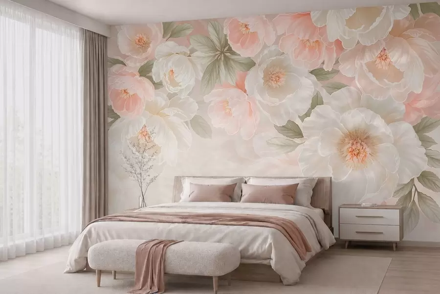 Papier peint De grandes fleurs délicates dans des tons roses et crème w05540