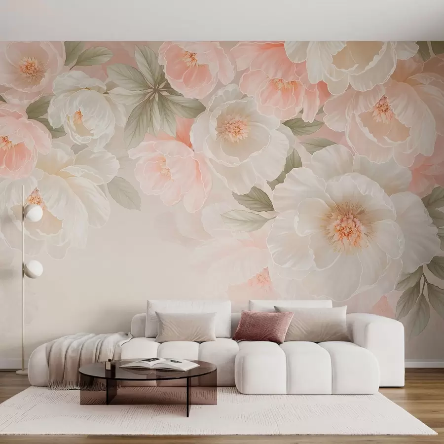 Papier peint De grandes fleurs délicates dans des tons roses et crème w05540