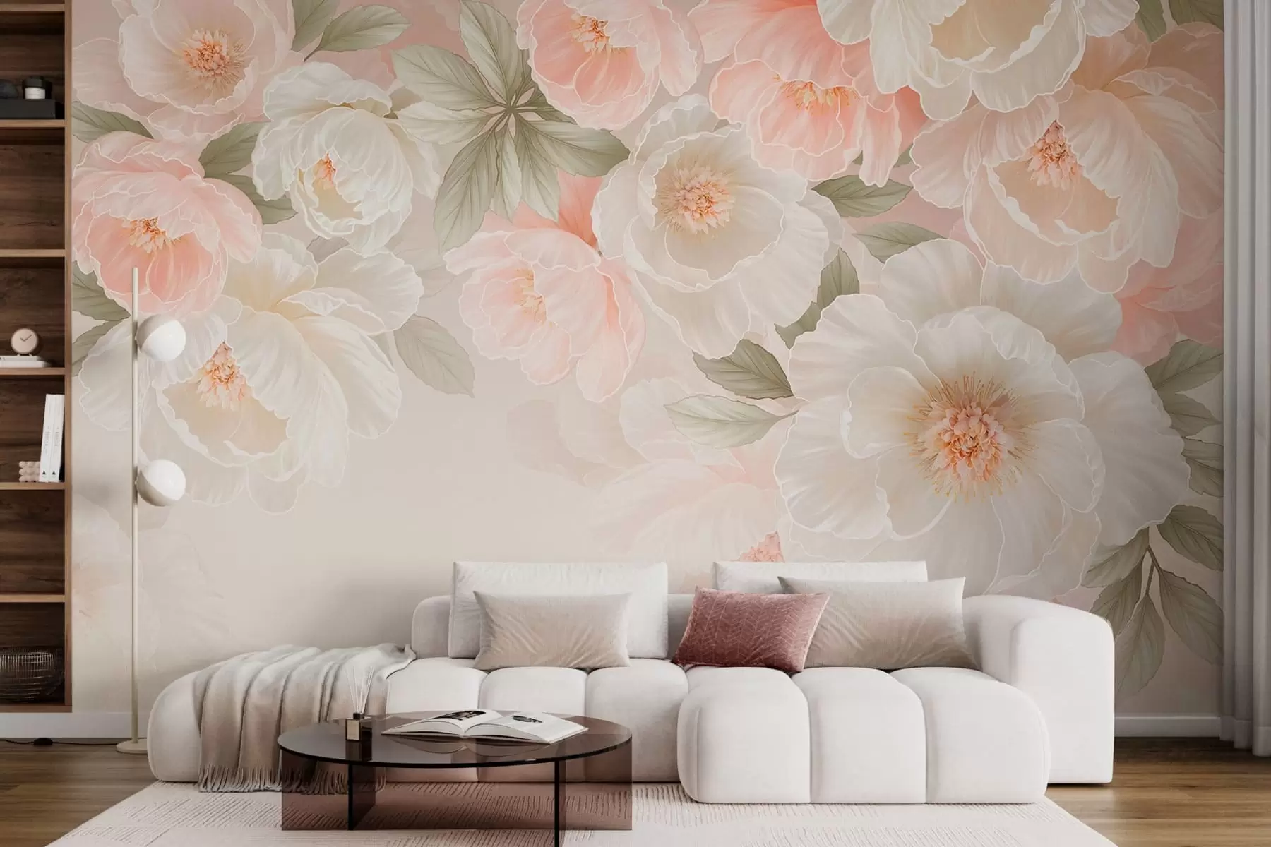 Papier peint De grandes fleurs délicates dans des tons roses et crème w05540