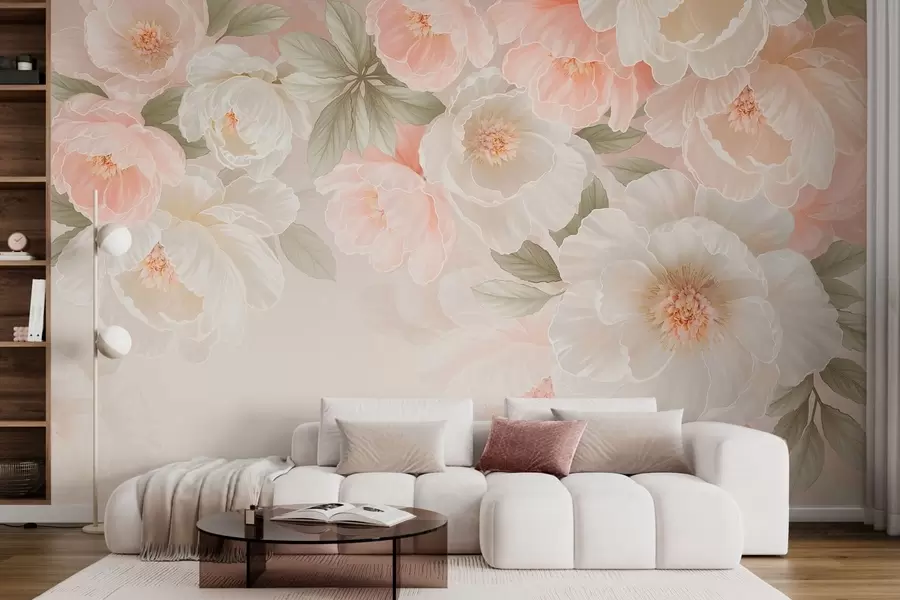 Papier peint De grandes fleurs délicates dans des tons roses et crème w05540