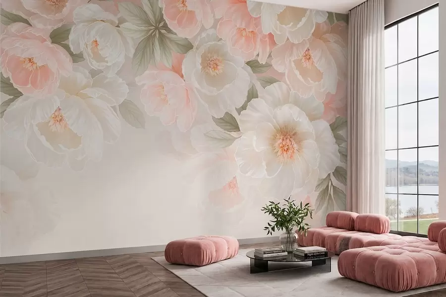 Papier peint De grandes fleurs délicates dans des tons roses et crème w05540