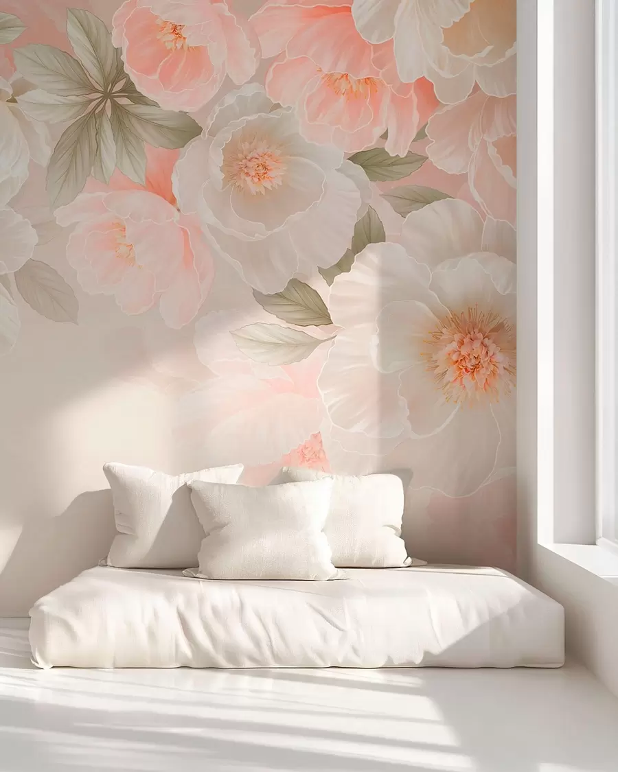 Papier peint De grandes fleurs délicates dans des tons roses et crème w05540