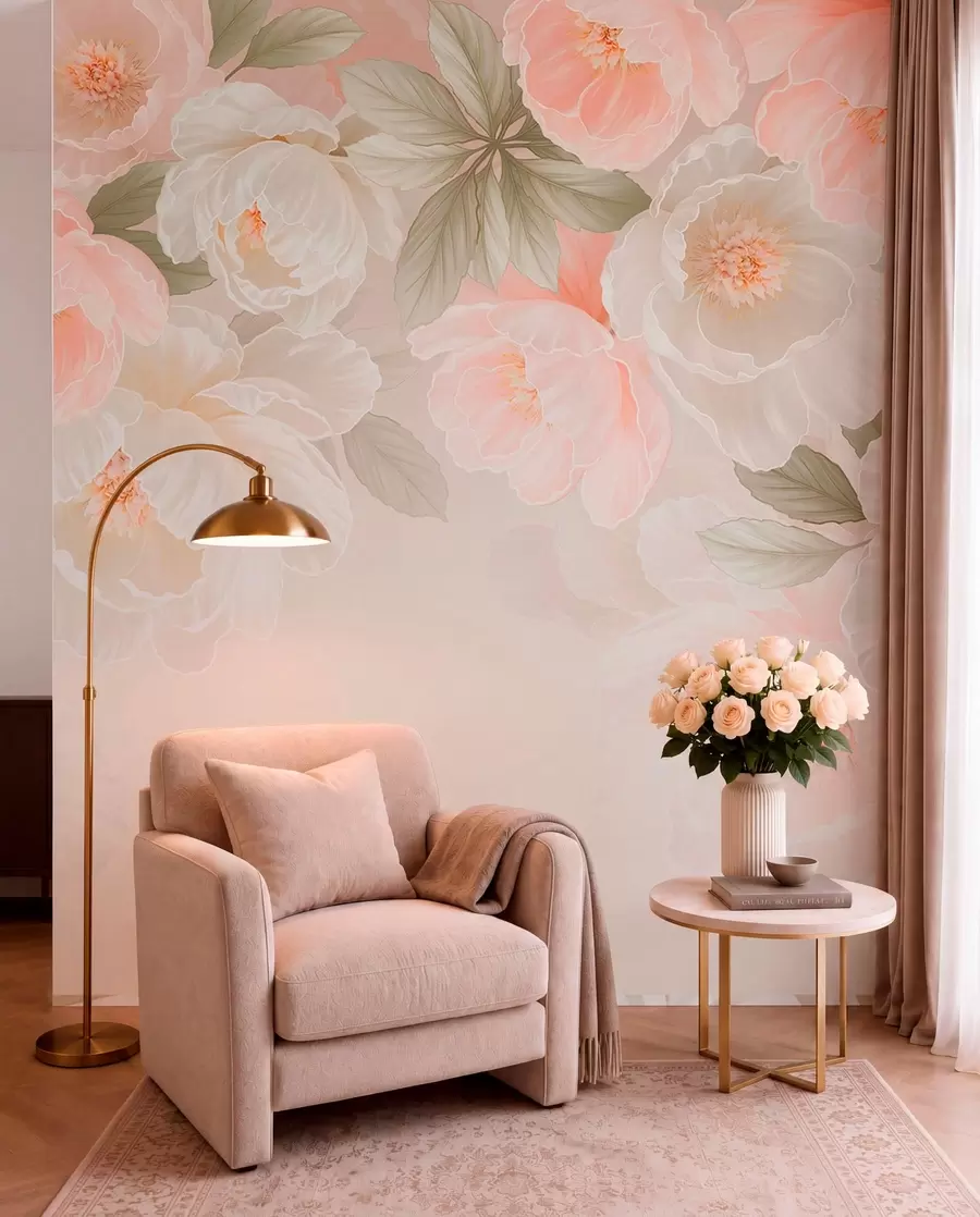Papier peint De grandes fleurs délicates dans des tons roses et crème w05540