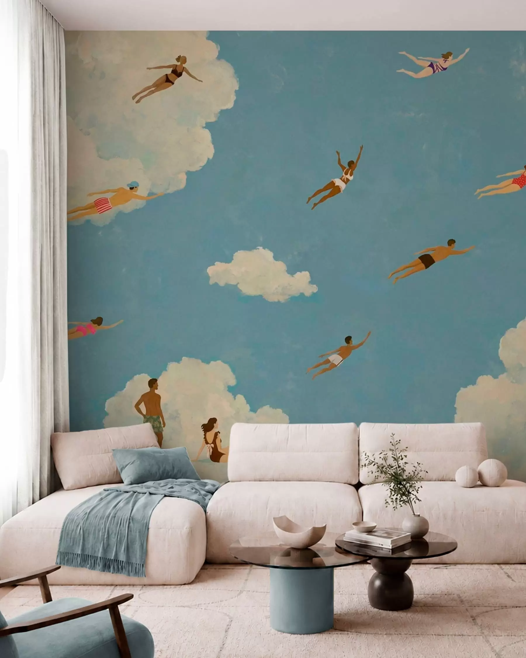 Papier peint Des gens flottant parmi les nuages dans un ciel bleu w05628