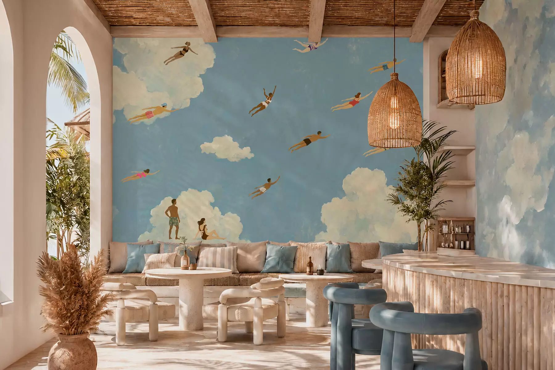 Papier peint Des gens flottant parmi les nuages dans un ciel bleu w05628