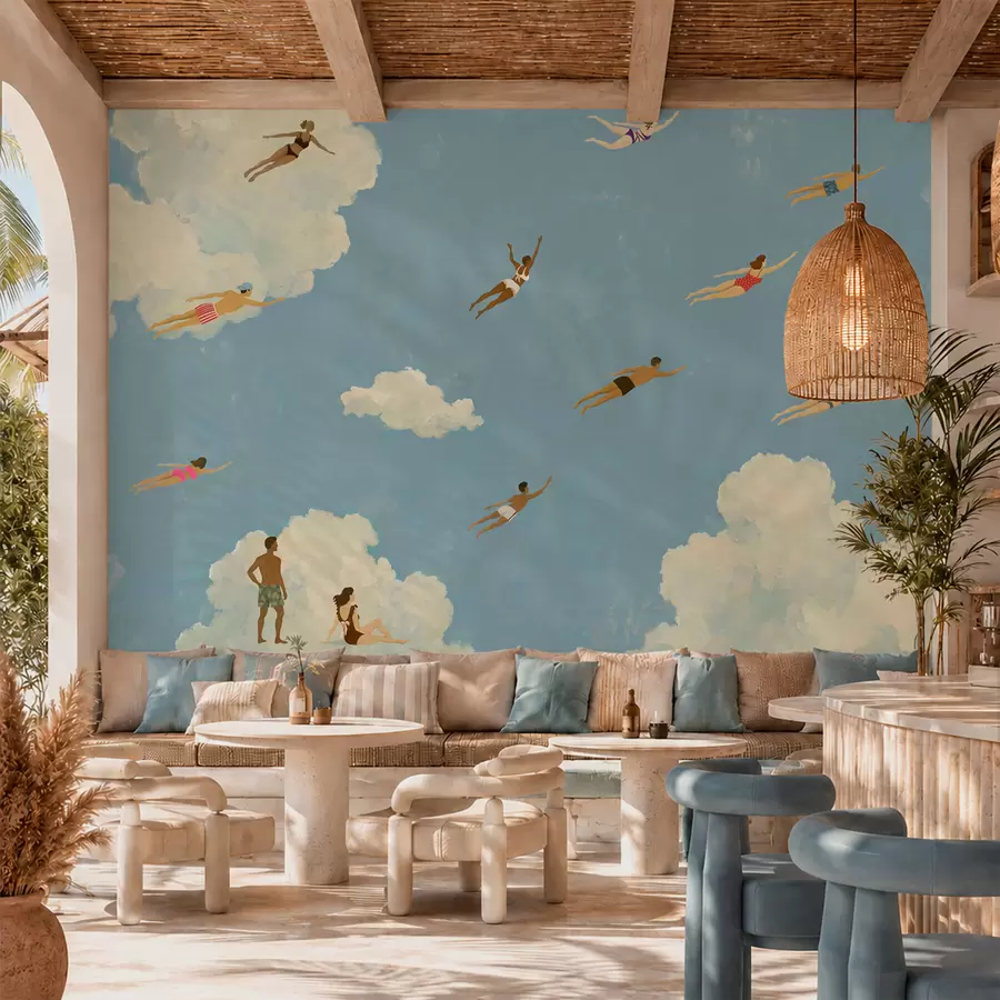 Papier peint Des gens flottant parmi les nuages dans un ciel bleu w05628