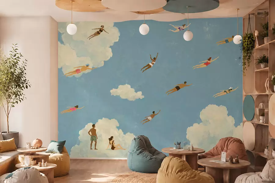 Papier peint Des gens flottant parmi les nuages dans un ciel bleu w05628