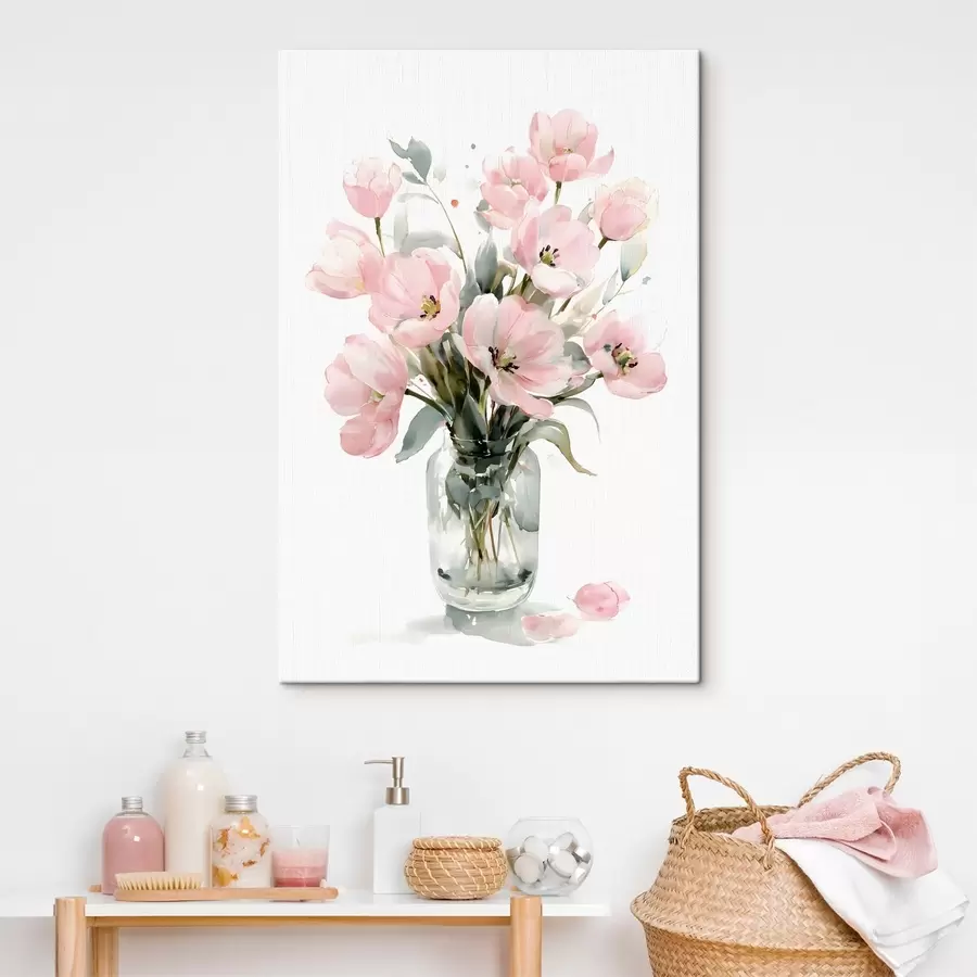 Tableau De délicates tulipes roses dans un vase, dans un style aquarelle s49226