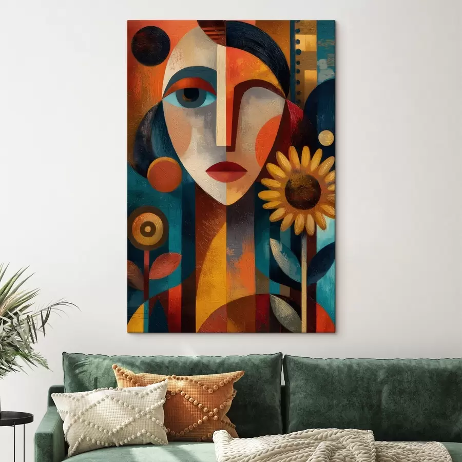 Tableau Portrait abstrait d'une jeune fille avec des fleurs, dans un style ethnique s49227