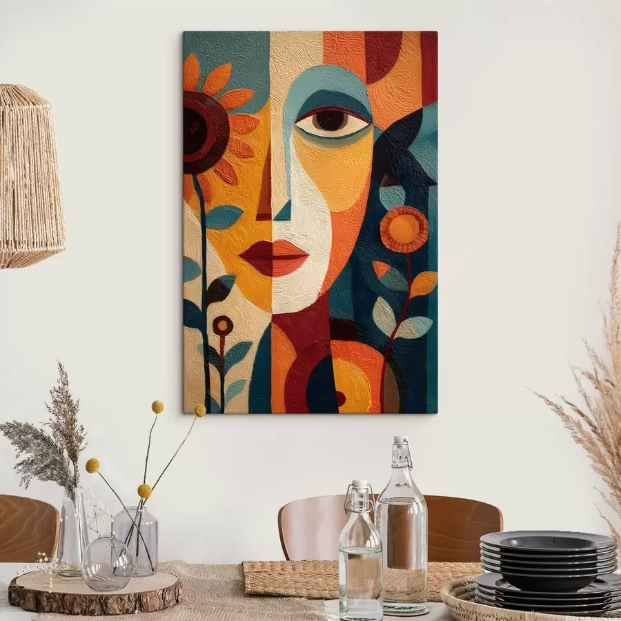 Tableau Portrait abstrait d'une jeune fille avec des fleurs, dans un style ethnique s49228