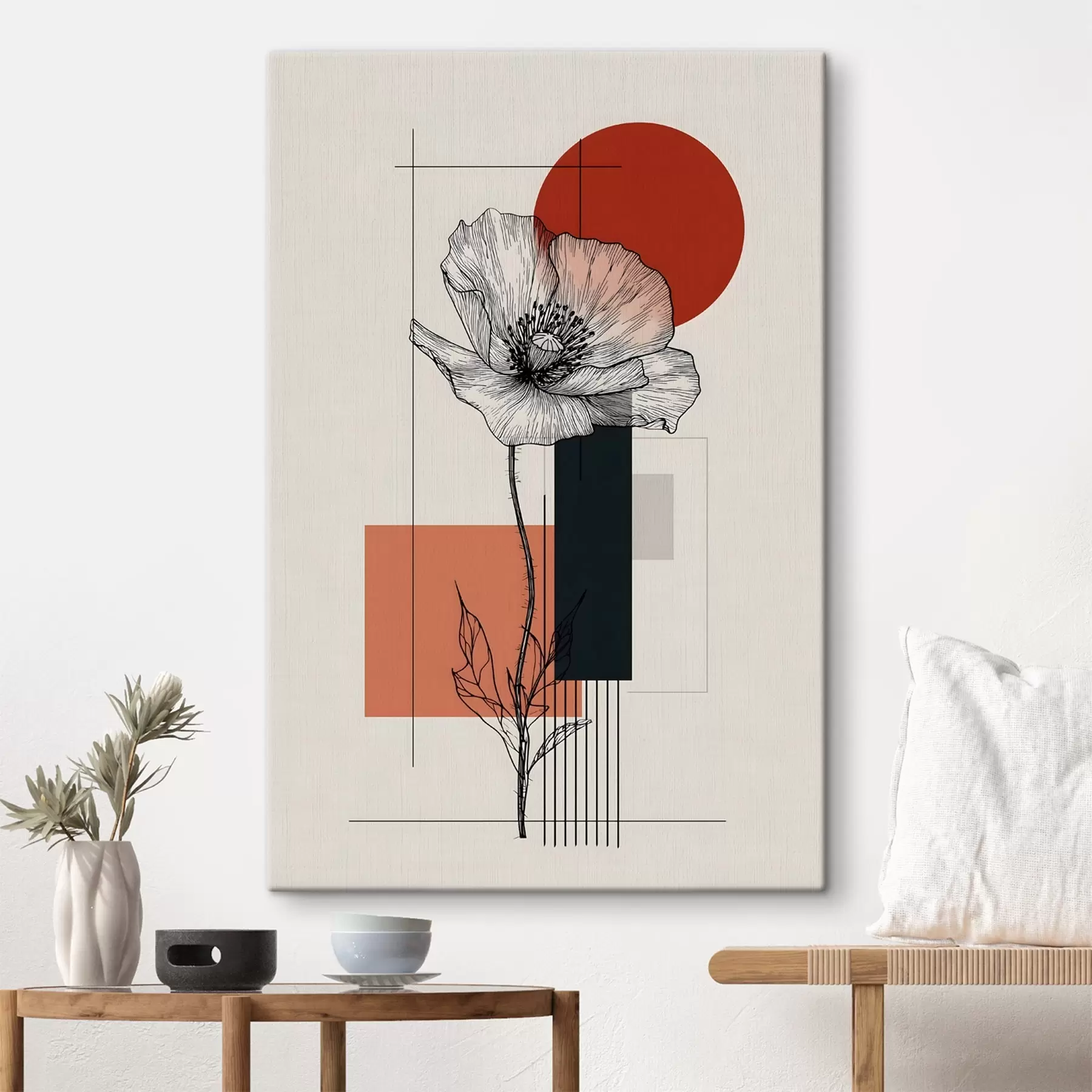 Tableau Un coquelicot stylisé sur un fond géométrique s49230