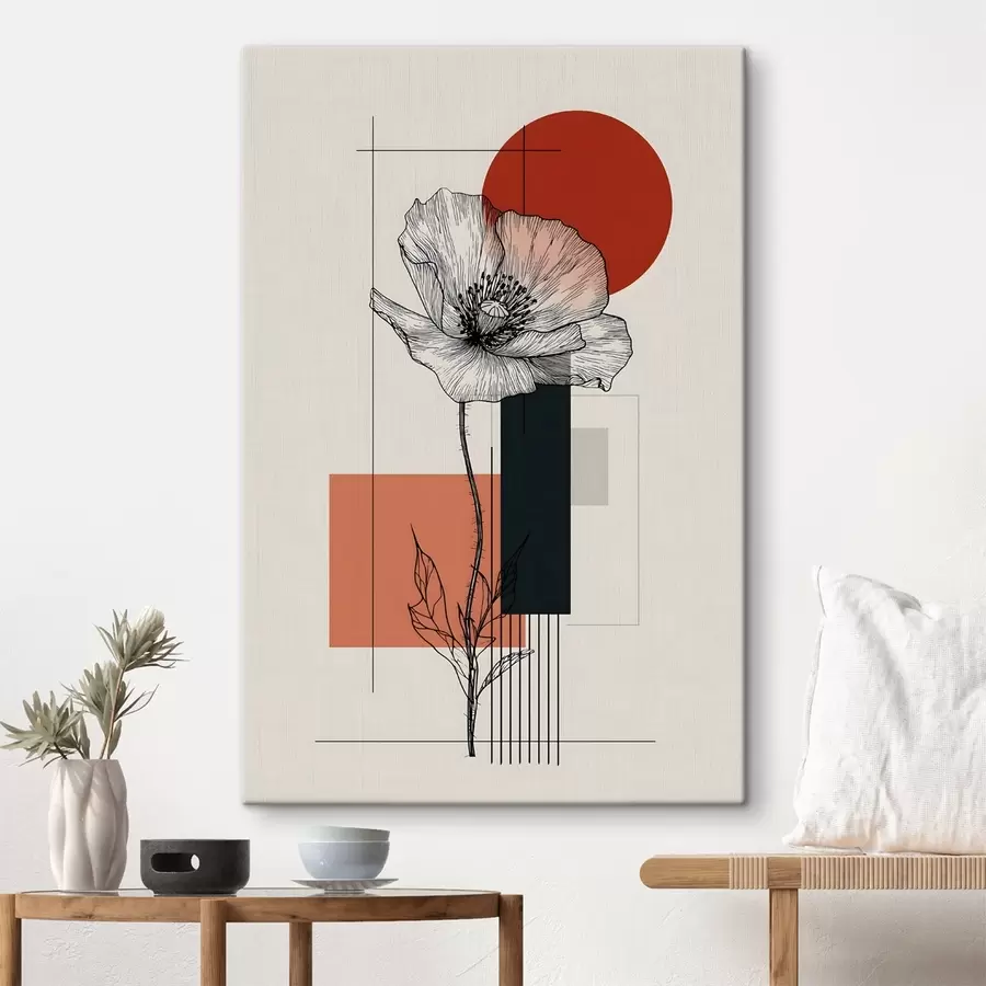 Tableau Un coquelicot stylisé sur un fond géométrique s49230