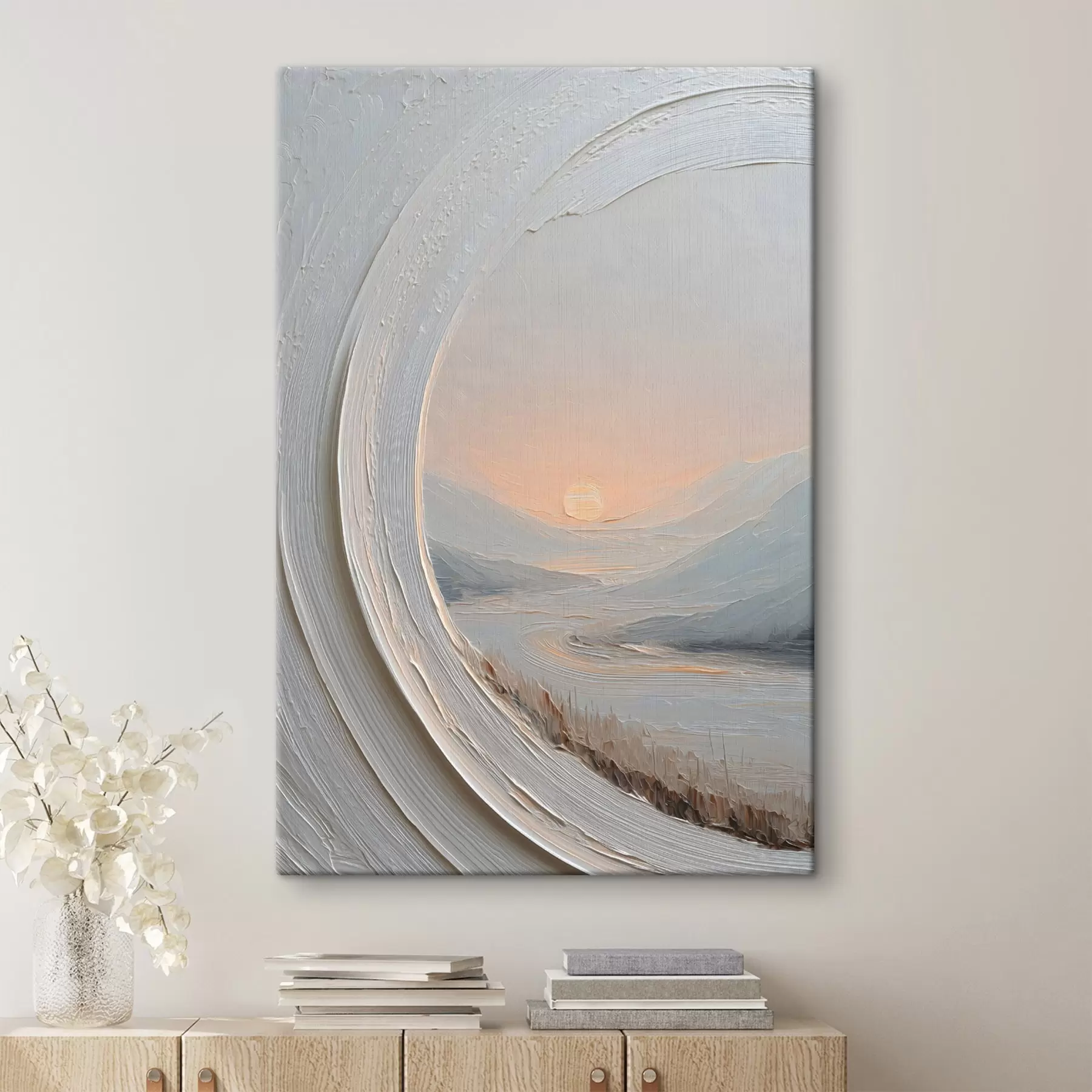 Tableau Une peinture de paysage dans un cadre rond s49235