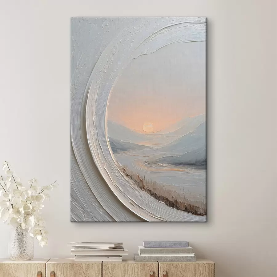 Tableau Une peinture de paysage dans un cadre rond s49235