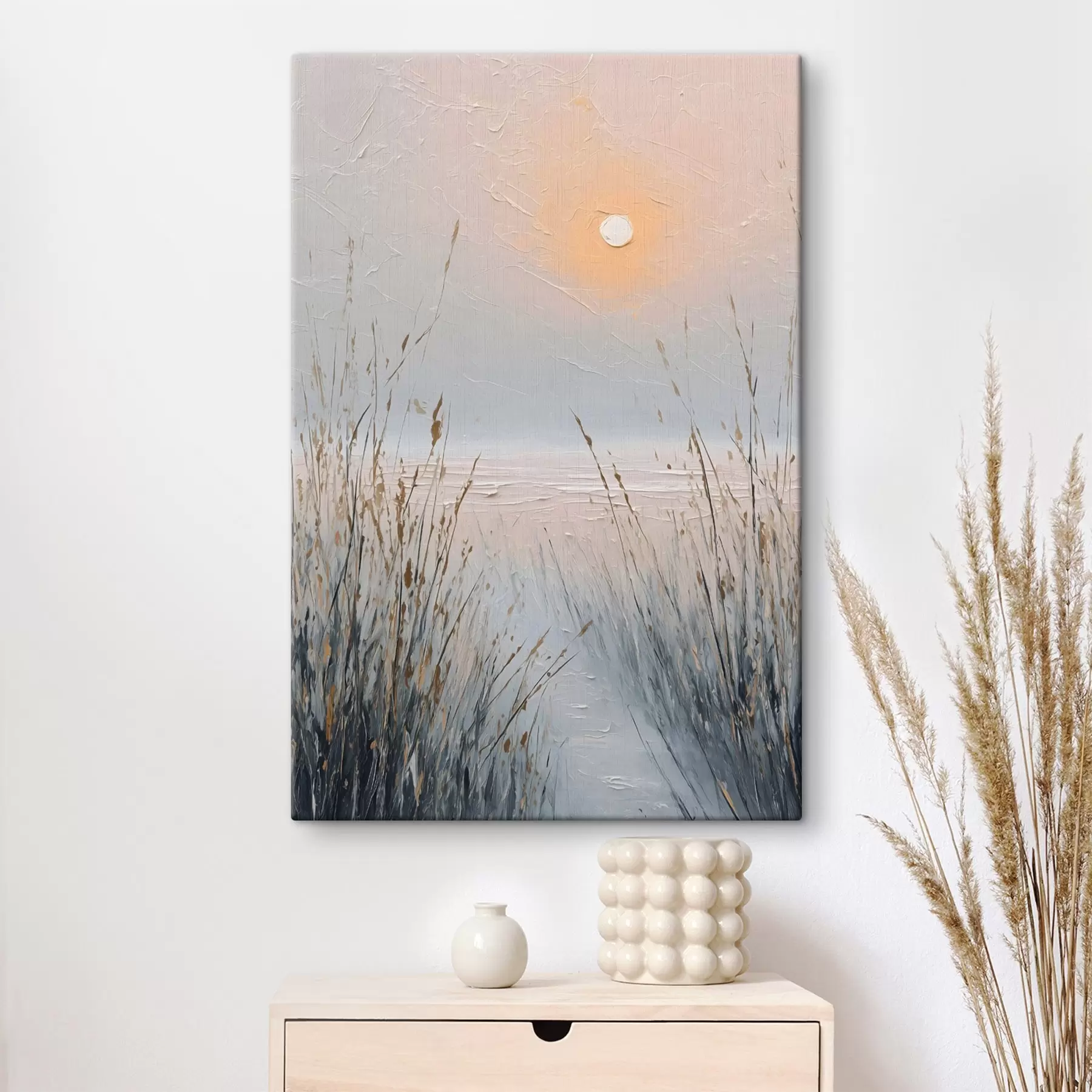 Tableau Un coucher de soleil brumeux au milieu des herbes s49236