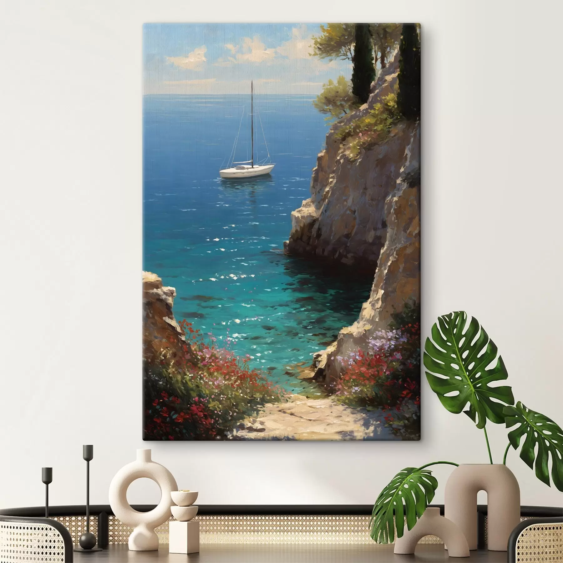 Tableau Un port maritime avec un yacht, dans le style d'une peinture à l'huile s49240